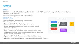 10
CGMES
| © SOPTIM AG |
Motivation
CGMES:
CGMES (Common Grid Model Exchange Standard) is a profile of CIM specifically designed for Transmission System
Operators (TSOs) in Europe.
It is used to exchange network data between TSOs
CGMES Profiles:
CGMES consists of several profiles that represent
different aspects of the power system:
• Equipment (EQ) Profile: Physical grid components
• Steady State Hypothesis (SSH) Profile: Connection statuses
and power setpoints
• State Variable (SV) Profile: Load flow or state estimation results
• Topology (TP) Profile: How components are connected electrically
(based on SSH, optional from v3.0)
• Operation (OP) Profile: Measurement and control infrastructure
• Dynamics Profile, Diagram Layout Profile, Geographical Location Profile, …
uipment Profile
Steady State ypothesis
State ariables
Import and Processing
of GM S Profiles
et or Topology Storage
and elationship Modeling
IM compliant
Input iles
M IM ormat Storage and Processing
esult
omplete Grid Model
 