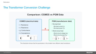 12
The Transformer Conversion Challenge
| © SOPTIM AG |
Motivation
• r: esistance
• : eactance
• g: onductance
• b: Susceptance
• o load test
o load current Io
o load po er Po
• Short circuit test
Short circuit voltage
Short circuit po er P
This illustration sho s that the parameters in the models have different data foundations
 