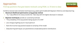 Combine classical state estimation techniques (e.g. power-grid-model) with Bayesian inference and deep learning
1. Maximum-likelihood optimization using greedy method
▪ Try 1 step different for every transformer. Take step with the highest decrease in residuals
2. Bayesian techniques provide an uncertainty estimate:
▪ “The probability of this tap position being equal to 4 is 65%”
▪ Less change of getting stuck in local optimum
• Rank the incorrect tap positions based on certainty of the model
• Deep learning techniques can parameterize complicated posterior distributions
Find tap positions that give lowest residuals using PGM, i.e. fit best to data
Approaches
21
 