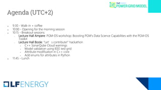 Agenda (UTC+2)
● 9:30 - Walk-in + coffee
● 10:00 - Opening for the morning session
● 10:15 - Breakout sessions:
○ Lecture Hall Ampere: PGM-DS workshop: Boosting PGM's Data Science Capabilities with the PGM-DS
Toolkit
○ Lecture Hall Boole: "Let’s contribute!" hackathon
▪ C++ SonarQube Cloud warnings
▪ Model validation using IEEE test grid
▪ Attribute modification in C++ core
▪ Add enums for attributes in Python
● 11:45 - Lunch
 