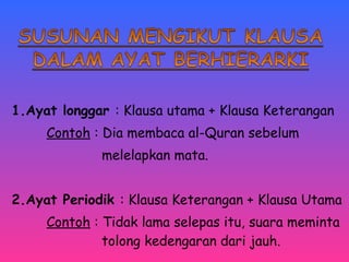 1.Ayat longgar : Klausa utama + Klausa Keterangan 
Contoh : Dia membaca al-Quran sebelum 
melelapkan mata. 
2.Ayat Periodik : Klausa Keterangan + Klausa Utama 
Contoh : Tidak lama selepas itu, suara meminta 
tolong kedengaran dari jauh. 
 