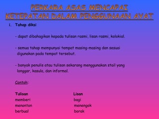 i. Tahap diksi 
- dapat dibahagikan kepada tulisan rasmi, lisan rasmi, kolokial. 
- semua tahap mempunyai tempat masing-masing dan sesuai 
digunakan pada tempat tersebut. 
- banyak penulis atau tulisan sekarang menggunakan stail yang 
longgar, kasula, dan informal. 
Contoh: 
Tulisan Lisan 
memberi bagi 
menonton menengok 
berbual borak 
 
