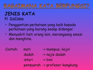JENIS KATA 
8) Disfisme 
• Penggantian perkataan yang baik kepada 
perkataan yang kurang sedap didengar. 
• Menyakiti hati orang lain, merangsang emosi 
dan menghina. 
Contoh: mati -> mampus, kojol 
dadah -> najis dadah 
isteri -> bini 
pensyarah -> profesor kangkung 
 