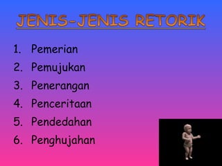 1. Pemerian 
2. Pemujukan 
3. Penerangan 
4. Penceritaan 
5. Pendedahan 
6. Penghujahan 
 