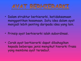 • Dalam struktur berhierarki, ketidaksamaan 
menggantikan kesamaan. Satu idea dalam ayat 
menjadi lebih penting daripada idea yang lain. 
• Prinsip ayat berhierarki ialah subordinasi. 
• Corak ayat berhierarki dapat dibahagikan 
kepada beberapa jenis mengikut hierarki frasa 
yang membina ayat tersebut. 
 