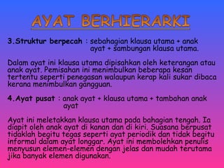 3.Struktur berpecah : sebahagian klausa utama + anak 
ayat + sambungan klausa utama. 
Dalam ayat ini klausa utama dipisahkan oleh keterangan atau 
anak ayat. Pemisahan ini menimbulkan beberapa kesan 
tertentu seperti penegasan walaupun kerap kali sukar dibaca 
kerana menimbulkan gangguan. 
4.Ayat pusat : anak ayat + klausa utama + tambahan anak 
ayat 
Ayat ini meletakkan klausa utama pada bahagian tengah. Ia 
diapit oleh anak ayat di kanan dan di kiri. Suasana berpusat 
tidaklah begitu tegas seperti ayat periodik dan tidak begitu 
informal dalam ayat longgar. Ayat ini membolehkan penulis 
menyusun elemen-elemen dengan jelas dan mudah terutama 
jika banyak elemen digunakan. 
 