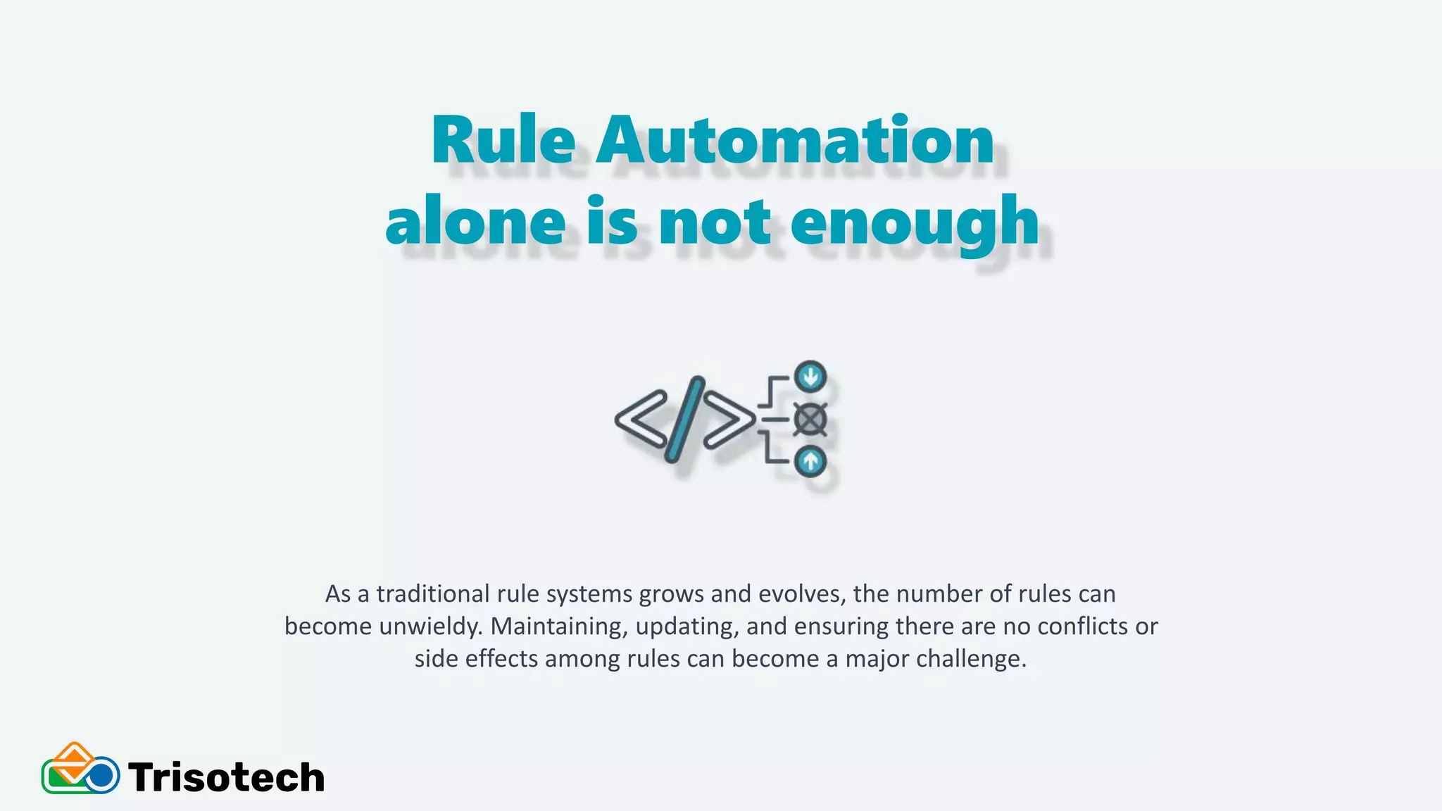 Rule Automation
alone is not enough
As a traditional rule systems grows and evolves, the number of rules can
become unwieldy. Maintaining, updating, and ensuring there are no conflicts or
side effects among rules can become a major challenge.
 