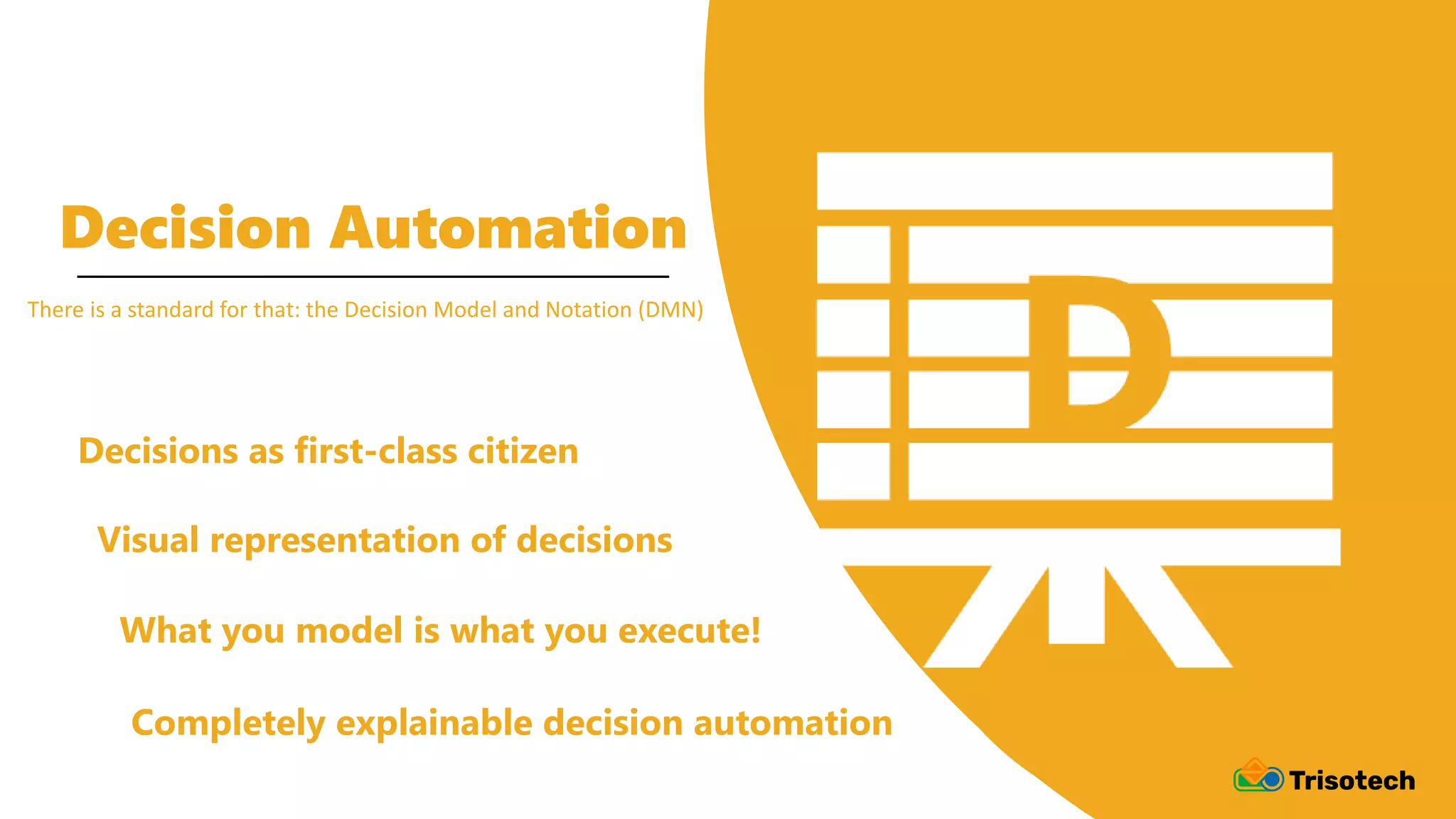 Decision Automation
What you model is what you execute!
Decisions as first-class citizen
Visual representation of decisions
Completely explainable decision automation
There is a standard for that: the Decision Model and Notation (DMN)
 