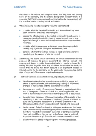 discussed in the reports, including the impact that they have had, or may
have, on the company and the actions being taken to rectify them. It is
essential that there be openness of communication by management with
the board on matters relating to risk and control.
29 When reviewing reports during the year, the board should:
G consider what are the significant risks and assess how they have
been identified, evaluated and managed;
G assess the effectiveness of the related system of internal control in
managing the significant risks, having regard in particular to any
significant failings or weaknesses in internal control that have been
reported;
G consider whether necessary actions are being taken promptly to
remedy any significant failings or weaknesses; and
G consider whether the findings indicate a need for more extensive
monitoring of the system of internal control.
30 Additionally, the board should undertake an annual assessment for the
purpose of making its public statement on internal control. The
assessment should consider issues dealt with in reports reviewed by it
during the year together with any additional information necessary to
ensure that the board has taken account of all significant aspects of
internal control for the company for the year under review and up to the
date of approval of the annual report and accounts.
31 The board's annual assessment should, in particular, consider:
G the changes since the last annual assessment in the nature and
extent of significant risks, and the company's ability to respond to
changes in its business and the external environment;
G the scope and quality of management's ongoing monitoring of risks
and of the system of internal control, and, where applicable, the
work of its internal audit function and other providers of assurance;
G the extent and frequency of the communication of the results of the
monitoring to the board (or board committee(s)) which enables it to
build up a cumulative assessment of the state of control in the
company and the effectiveness with which risk is being managed;
G the incidence of significant control failings or weaknesses that have
been identified at any time during the period and the extent to which
they have resulted in unforeseen outcomes or contingencies that
have had, could have had, or may in the future have, a material
impact on the company's financial performance or condition; and
G the effectiveness of the company's public reporting processes.
October 2005 The Turnbull Guidance
37
2005.qxp 13/10/05 1:45 pm Page 37
 