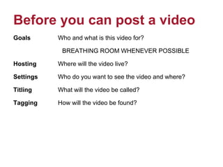 Before you can post a video
Goals Who and what is this video for?
BREATHING ROOM WHENEVER POSSIBLE
Hosting Where will the video live?
Settings Who do you want to see the video and where?
Titling What will the video be called?
Tagging How will the video be found?
 