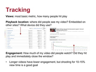 Tracking
Views: most basic metric, how many people hit play
Playback location: where did people see my video? Embedded on
other sites? What device did they use?
Engagement: How much of my video did people watch? Did they hit
play and immediately close the window?
• Longer videos have lower engagement, but shooting for 10-15%
view time is a good goal
 
