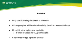 ● Only one licensing database to maintain
● All usage rights will be stored and displayed from one database
● More ILL information now available
○ Fewer requests for ILL permissions
● Customize usage rights on display
Benefits
 