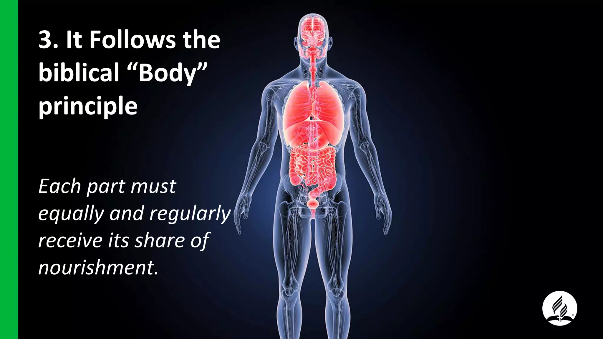 3. It Follows the
biblical “Body”
principle
Each part must
equally and regularly
receive its share of
nourishment.
 