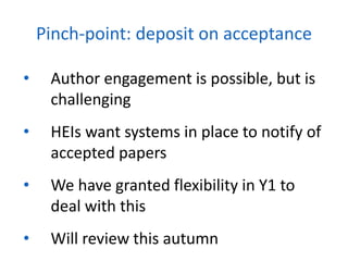 • Author engagement is possible, but is
challenging
• HEIs want systems in place to notify of
accepted papers
• We have granted flexibility in Y1 to
deal with this
• Will review this autumn
Pinch-point: deposit on acceptance
 
