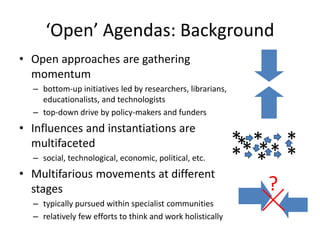 ‘Open’ Agendas: Background
• Open approaches are gathering
momentum
– bottom-up initiatives led by researchers, librarians,
educationalists, and technologists
– top-down drive by policy-makers and funders
• Influences and instantiations are
multifaceted
– social, technological, economic, political, etc.
• Multifarious movements at different
stages
– typically pursued within specialist communities
– relatively few efforts to think and work holistically
?
** *
* ** *** *
 