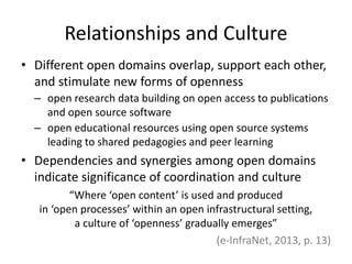 Relationships and Culture
• Different open domains overlap, support each other,
and stimulate new forms of openness
– open research data building on open access to publications
and open source software
– open educational resources using open source systems
leading to shared pedagogies and peer learning
• Dependencies and synergies among open domains
indicate significance of coordination and culture
“Where ‘open content’ is used and produced
in ‘open processes’ within an open infrastructural setting,
a culture of ‘openness’ gradually emerges”
(e-InfraNet, 2013, p. 13)
 
