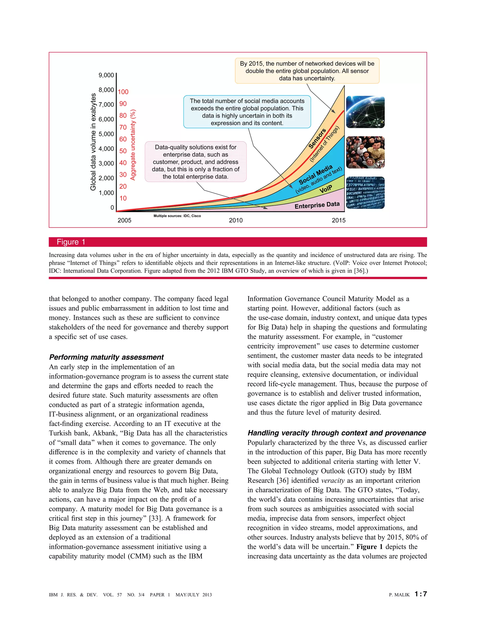 that belonged to another company. The company faced legal
issues and public embarrassment in addition to lost time and
money. Instances such as these are sufﬁcient to convince
stakeholders of the need for governance and thereby support
a speciﬁc set of use cases.
Performing maturity assessment
An early step in the implementation of an
information-governance program is to assess the current state
and determine the gaps and efforts needed to reach the
desired future state. Such maturity assessments are often
conducted as part of a strategic information agenda,
IT-business alignment, or an organizational readiness
fact-ﬁnding exercise. According to an IT executive at the
Turkish bank, Akbank, BBig Data has all the characteristics
of Bsmall data[ when it comes to governance. The only
difference is in the complexity and variety of channels that
it comes from. Although there are greater demands on
organizational energy and resources to govern Big Data,
the gain in terms of business value is that much higher. Being
able to analyze Big Data from the Web, and take necessary
actions, can have a major impact on the proﬁt of a
company. A maturity model for Big Data governance is a
critical ﬁrst step in this journey[ [33]. A framework for
Big Data maturity assessment can be established and
deployed as an extension of a traditional
information-governance assessment initiative using a
capability maturity model (CMM) such as the IBM
Information Governance Council Maturity Model as a
starting point. However, additional factors (such as
the use-case domain, industry context, and unique data types
for Big Data) help in shaping the questions and formulating
the maturity assessment. For example, in Bcustomer
centricity improvement[ use cases to determine customer
sentiment, the customer master data needs to be integrated
with social media data, but the social media data may not
require cleansing, extensive documentation, or individual
record life-cycle management. Thus, because the purpose of
governance is to establish and deliver trusted information,
use cases dictate the rigor applied in Big Data governance
and thus the future level of maturity desired.
Handling veracity through context and provenance
Popularly characterized by the three Vs, as discussed earlier
in the introduction of this paper, Big Data has more recently
been subjected to additional criteria starting with letter V.
The Global Technology Outlook (GTO) study by IBM
Research [36] identiﬁed veracity as an important criterion
in characterization of Big Data. The GTO states, BToday,
the world’s data contains increasing uncertainties that arise
from such sources as ambiguities associated with social
media, imprecise data from sensors, imperfect object
recognition in video streams, model approximations, and
other sources. Industry analysts believe that by 2015, 80% of
the world’s data will be uncertain.[ Figure 1 depicts the
increasing data uncertainty as the data volumes are projected
Figure 1
Increasing data volumes usher in the era of higher uncertainty in data, especially as the quantity and incidence of unstructured data are rising. The
phrase BInternet of Things[ refers to identiﬁable objects and their representations in an Internet-like structure. (VoIP: Voice over Internet Protocol;
IDC: International Data Corporation. Figure adapted from the 2012 IBM GTO Study, an overview of which is given in [36].)
P. MALIK 1 : 7IBM J. RES. & DEV. VOL. 57 NO. 3/4 PAPER 1 MAY/JULY 2013
 