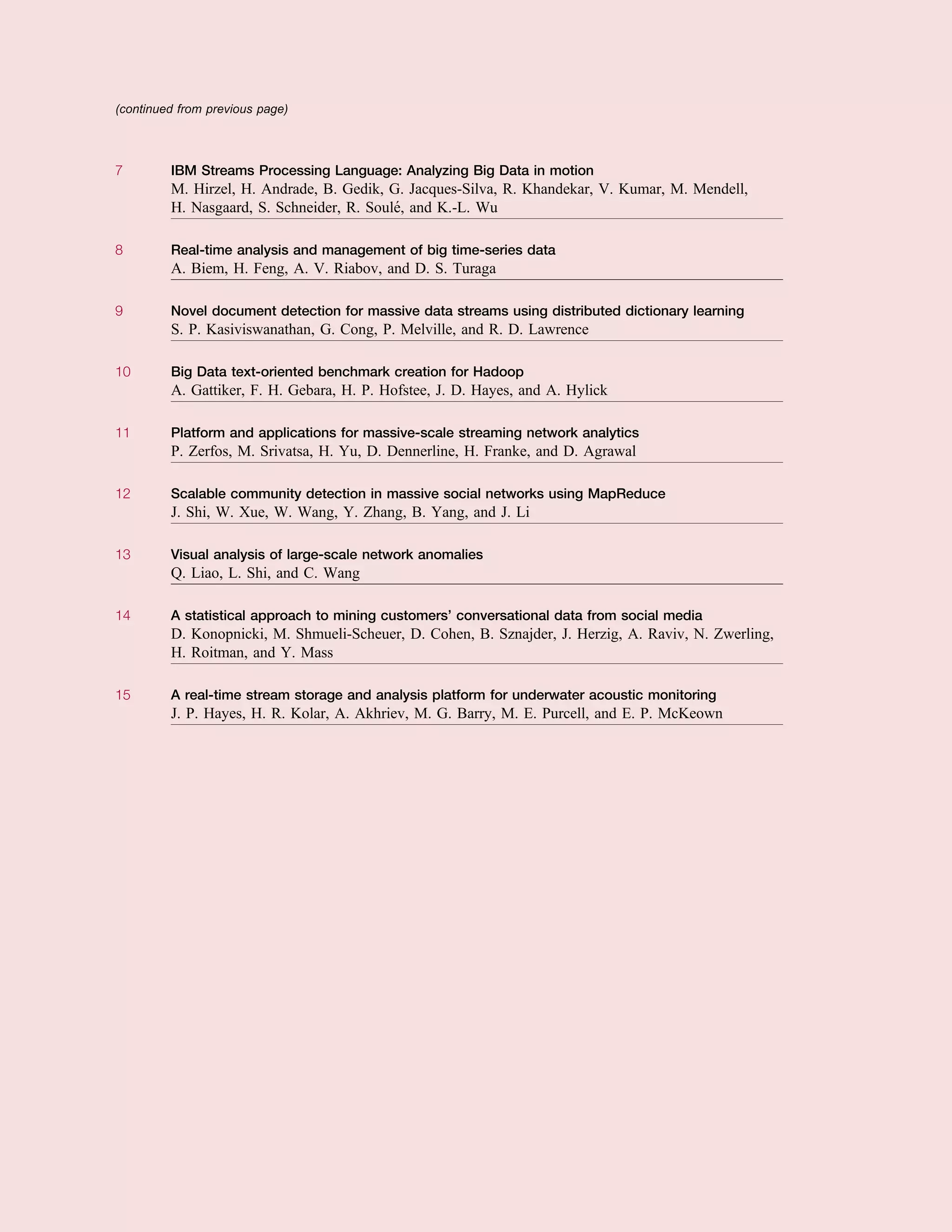 7 IBM Streams Processing Language: Analyzing Big Data in motion
M. Hirzel, H. Andrade, B. Gedik, G. Jacques-Silva, R. Khandekar, V. Kumar, M. Mendell,
H. Nasgaard, S. Schneider, R. Soule´, and K.-L. Wu
8 Real-time analysis and management of big time-series data
A. Biem, H. Feng, A. V. Riabov, and D. S. Turaga
9 Novel document detection for massive data streams using distributed dictionary learning
S. P. Kasiviswanathan, G. Cong, P. Melville, and R. D. Lawrence
10 Big Data text-oriented benchmark creation for Hadoop
A. Gattiker, F. H. Gebara, H. P. Hofstee, J. D. Hayes, and A. Hylick
11 Platform and applications for massive-scale streaming network analytics
P. Zerfos, M. Srivatsa, H. Yu, D. Dennerline, H. Franke, and D. Agrawal
12 Scalable community detection in massive social networks using MapReduce
J. Shi, W. Xue, W. Wang, Y. Zhang, B. Yang, and J. Li
13 Visual analysis of large-scale network anomalies
Q. Liao, L. Shi, and C. Wang
14 A statistical approach to mining customers’ conversational data from social media
D. Konopnicki, M. Shmueli-Scheuer, D. Cohen, B. Sznajder, J. Herzig, A. Raviv, N. Zwerling,
H. Roitman, and Y. Mass
15 A real-time stream storage and analysis platform for underwater acoustic monitoring
J. P. Hayes, H. R. Kolar, A. Akhriev, M. G. Barry, M. E. Purcell, and E. P. McKeown
(continued from previous page)
 