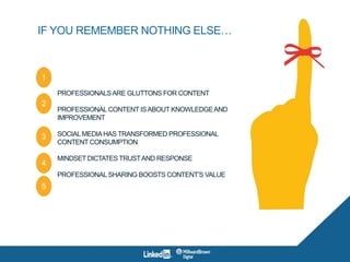 IF YOU REMEMBER NOTHING ELSE…
PROFESSIONALSARE GLUTTONS FOR CONTENT
PROFESSIONAL CONTENT ISABOUT KNOWLEDGEAND
IMPROVEMENT
SOCIAL MEDIAHAS TRANSFORMED PROFESSIONAL
CONTENT CONSUMPTION
MINDSET DICTATES TRUSTAND RESPONSE
PROFESSIONAL SHARING BOOSTS CONTENT’S VALUE
1
2
3
4
5
 