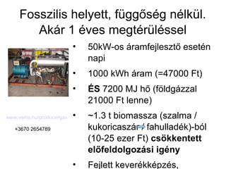 Fosszilis helyett, függőség nélkül.
        Akár 1 éves megtérüléssel
                          •   50kW-os áramfejlesztő esetén
                              napi
                          •   1000 kWh áram (=47000 Ft)
                          •   ÉS 7200 MJ hő (földgázzal
                              21000 Ft lenne)
www.vems.hu/producergas   •   ~1.3 t biomassza (szalma /
   +3670 2654789              kukoricaszár / fahulladék)-ból
                              (10-25 ezer Ft) csökkentett
                              előfeldolgozási igény
                          •   Fejlett keverékképzés,
 