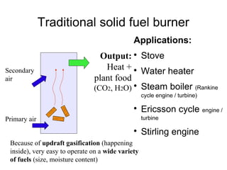 Traditional solid fuel burner
                                              Applications:
                                 Output:  Stove
Secondary                         Heat +  Water heater
air                            plant food
                               (CO2, H2O)  Steam boiler (Rankine
                                                   cycle engine / turbine)

                                              
                                                   Ericsson cycle engine /
Primary air                                        turbine

                                              
                                                   Stirling engine
 Because of updraft gasification (happening
 inside), very easy to operate on a wide variety
 of fuels (size, moisture content)
 