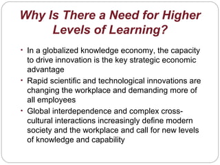 Why Is There a Need for Higher
Levels of Learning?
• In a globalized knowledge economy, the capacity
to drive innovation is the key strategic economic
advantage
• Rapid scientific and technological innovations are
changing the workplace and demanding more of
all employees
• Global interdependence and complex cross-
cultural interactions increasingly define modern
society and the workplace and call for new levels
of knowledge and capability
 