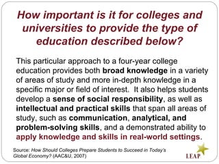 How important is it for colleges and
universities to provide the type of
education described below?
This particular approach to a four-year college
education provides both broad knowledge in a variety
of areas of study and more in-depth knowledge in a
specific major or field of interest. It also helps students
develop a sense of social responsibility, as well as
intellectual and practical skills that span all areas of
study, such as communication, analytical, and
problem-solving skills, and a demonstrated ability to
apply knowledge and skills in real-world settings.
Source: How Should Colleges Prepare Students to Succeed in Today’s
Global Economy? (AAC&U, 2007)
 