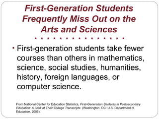 First-Generation Students
Frequently Miss Out on the
Arts and Sciences
• First-generation students take fewer
courses than others in mathematics,
science, social studies, humanities,
history, foreign languages, or
computer science.
From National Center for Education Statistics, First-Generation Students in Postsecondary
Education: A Look at Their College Transcripts. (Washington, DC: U.S. Department of
Education, 2005).
 