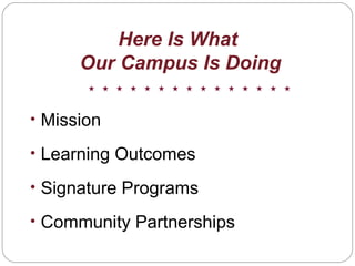 Here Is What
Our Campus Is Doing
• Mission
• Learning Outcomes
• Signature Programs
• Community Partnerships
 