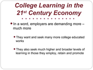 College Learning in the
21st
Century Economy
In a word, employers are demanding more –
much more
They want and seek many more college educated
works
They also seek much higher and broader levels of
learning in those they employ, retain and promote
 