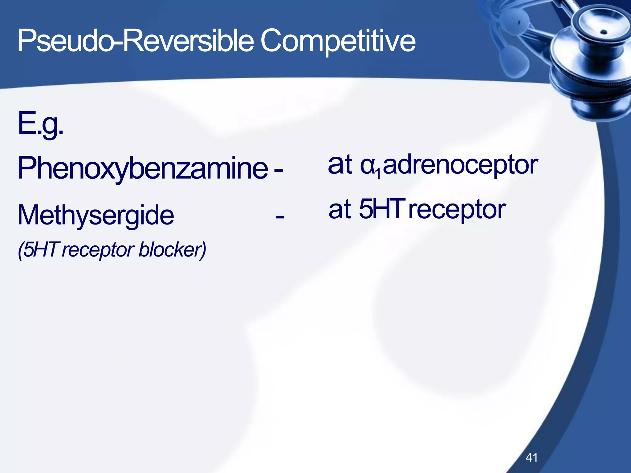 at α1adrenoceptor
at 5HTreceptor
41
E.g.
Phenoxybenzamine-
Methysergide -
(5HTreceptor blocker)
Pseudo-Reversible Competitive
 