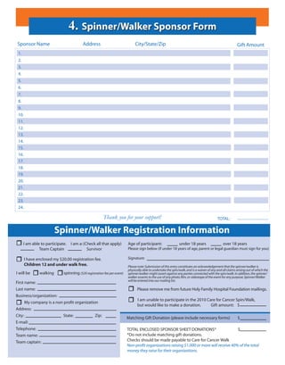 4. Spinner/Walker Sponsor Form
Sponsor Name                              Address                             City/State/Zip                                                               Gift Amount
 1.
 2.
 3.
 4.
 5.
 6.
 7.
 8.
 9.
 10.
 11.
 12.
 13.
 14.
 15.
 16.
 17.
 18.
 19.
 20.
 21.
 22.
 23.
 24.

                                                        Thank you for your support!                                                         TOTAL:

                         Spinner/Walker Registration Information
      I am able to participate.   I am a: (Check all that apply)         Age of participant:                   under 18 years                   over 18 years
               Team Captain                 Survivor                     Please sign below (if under 18 years of age, parent or legal guardian must sign for you)

       I have enclosed my $20.00 registration fee.                       Signature:
       Children 12 and under walk free.                                  Please note: Submission of this entry constitutes an acknowledgement that the spinner/walker is
                                                                         physically able to undertake the spin/walk, and is a waiver of any and all claims arising out of which the
I will be      walking       spinning ($20 registration fee per event)   spinner/walker might assert against any parties connected with the spin/walk. In addition, the spinner/
                                                                         walker assents to the use of any photo, ﬁlm, or videotape of the event for any purpose. Spinner/Walker
                                                                         will be entered into our mailing list.
First name:
Last name:                                                                     Please remove me from future Holy Family Hospital Foundation mailings.
Business/organization:
                                                                                I am unable to participate in the 2010 Care for Cancer Spin/Walk,
      My company is a non proﬁt organization
                                                                                but would like to make a donation.       Gift amount: $
Address:
City:                    State:            Zip:
                                                                         Matching Gift Donation (please include necessary forms)                           $
E-mail:
Telephone:                                                               TOTAL ENCLOSED SPONSOR SHEET DONATIONS*                        $
Team name:                                                               *Do not include matching gift donations.
Team captain:                                                            Checks should be made payable to Care for Cancer Walk
                                                                         Non-proﬁt organizations raising $1,000 or more will receive 40% of the total
                                                                         money they raise for their organizations.
 