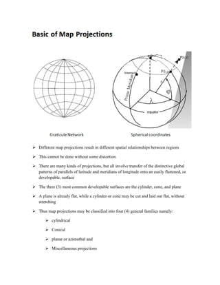  Different map projections result in different spatial relationships between regions
 This cannot be done without some distortion
 There are many kinds of projections, but all involve transfer of the distinctive global
patterns of parallels of latitude and meridians of longitude onto an easily flattened, or
developable, surface
 The three (3) most common developable surfaces are the cylinder, cone, and plane
 A plane is already flat, while a cylinder or cone may be cut and laid out flat, without
stretching
 Thus map projections may be classified into four (4) general families namely:
 cylindrical
 Conical
 planar or azimuthal and
 Miscellaneous projections
 