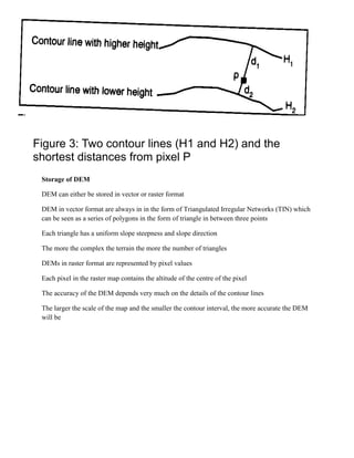 Storage of DEM
DEM can either be stored in vector or raster format
DEM in vector format are always in in the form of Triangulated Irregular Networks (TIN) which
can be seen as a series of polygons in the form of triangle in between three points
Each triangle has a uniform slope steepness and slope direction
The more the complex the terrain the more the number of triangles
DEMs in raster format are represented by pixel values
Each pixel in the raster map contains the altitude of the centre of the pixel
The accuracy of the DEM depends very much on the details of the contour lines
The larger the scale of the map and the smaller the contour interval, the more accurate the DEM
will be
Figure 3: Two contour lines (H1 and H2) and the
shortest distances from pixel P
 
