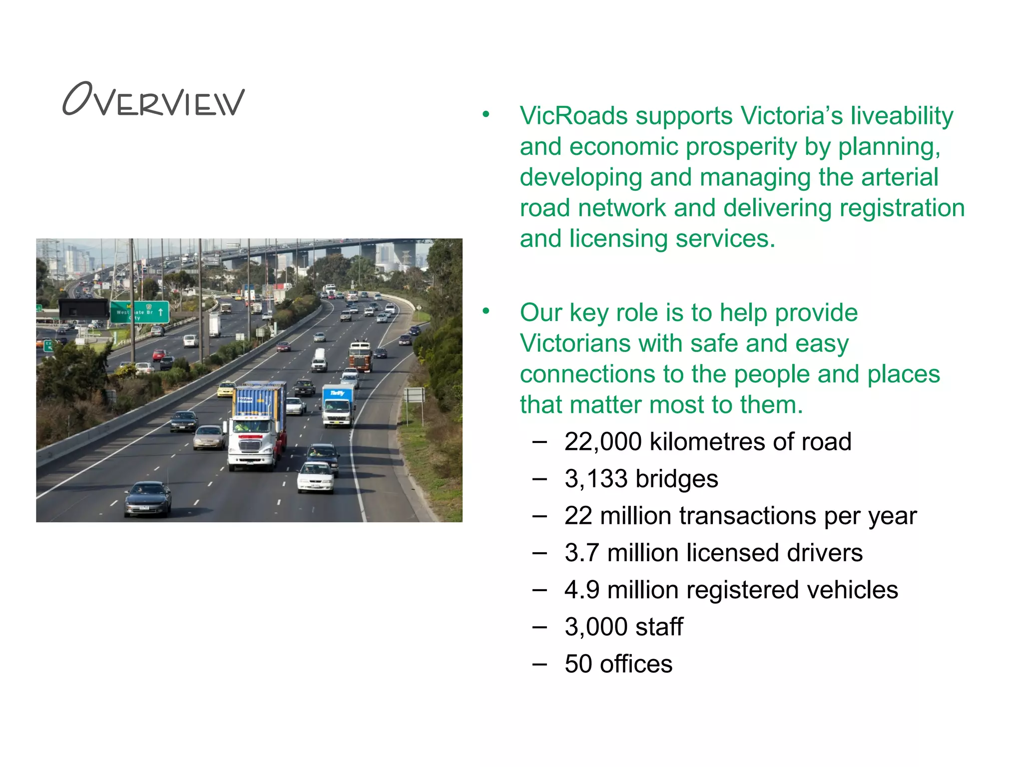 Overview • VicRoads supports Victoria’s liveability
and economic prosperity by planning,
developing and managing the arterial
road network and delivering registration
and licensing services.
• Our key role is to help provide
Victorians with safe and easy
connections to the people and places
that matter most to them.
– 22,000 kilometres of road
– 3,133 bridges
– 22 million transactions per year
– 3.7 million licensed drivers
– 4.9 million registered vehicles
– 3,000 staff
– 50 offices
 