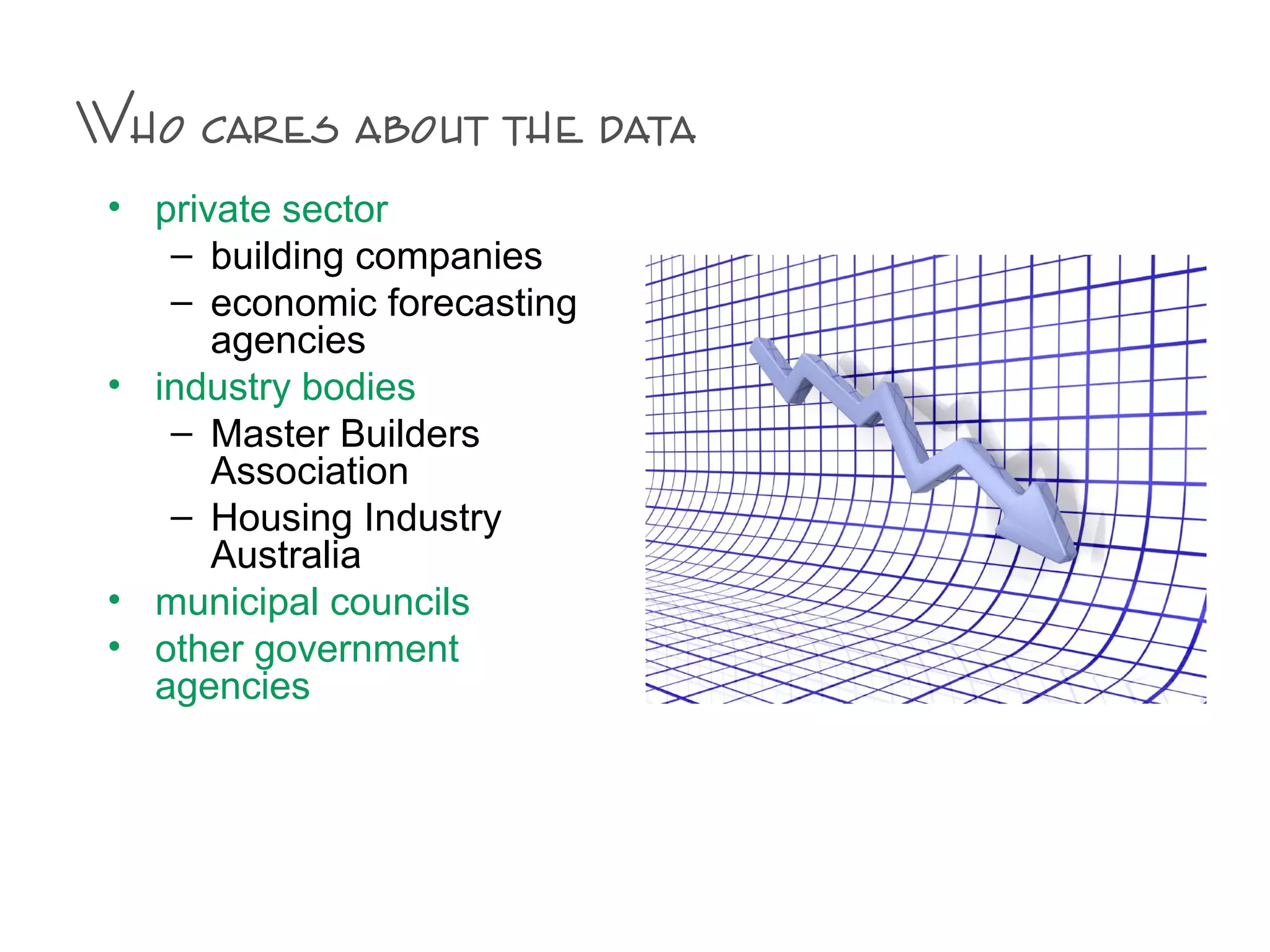 Who cares about the data
• private sector
– building companies
– economic forecasting
agencies
• industry bodies
– Master Builders
Association
– Housing Industry
Australia
• municipal councils
• other government
agencies
 