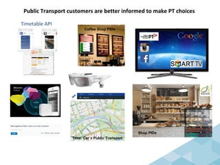 Public Transport customers are better informed to make PT choices
Coffee Shop PIDs
Shop PIDs
Timetable API
Time: Car v Public Transport
T.96 – 5mins
B.907 – 7mins
 