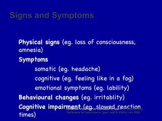 Physical signs  (eg. loss of consciousness, amnesia)  Symptoms   somatic (eg. headache) cognitive (eg. feeling like in a fog) emotional symptoms (eg. lability) Behavioural changes  (eg. irritablity) Cognitive impairment  (eg. slowed reaction times)  Sleep disturbance  (eg. drowsiness) Consensus Statement on Concussion in Sport.  3 rd  International Conference on Concussion in Sport held in Zurich, Nov 2008 