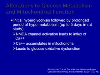 Initial hyperglycolysis followed by prolonged period of hypo metabolism (up to 5 days in rat study) NMDA channel activation leads to influx of Ca++ Ca++ accumulates in mitochondria Leads to glucose oxidative dysfunction Barkhoudrain G et al. The Molecular Pathophysiology of Concussive Brain Injury. Clin Sports Med 30 (2011): 33-48. 