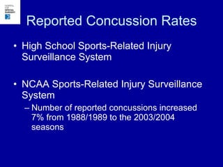Reported Concussion Rates High School Sports-Related Injury Surveillance System NCAA Sports-Related Injury Surveillance System Number of reported concussions increased 7% from 1988/1989 to the 2003/2004 seasons 