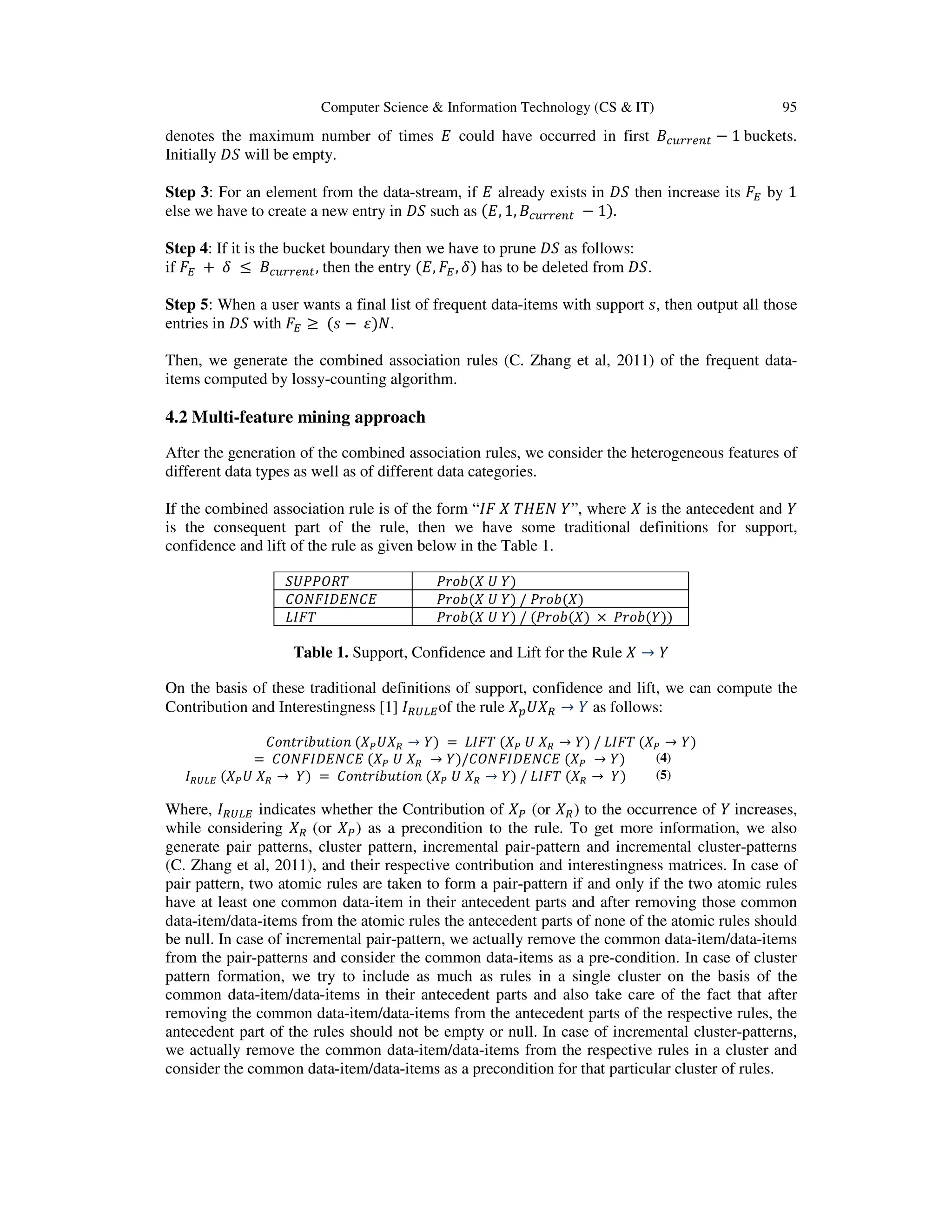Computer Science & Information Technology (CS & IT) 95 denotes the maximum number of times ‫ܧ‬ could have occurred in first ‫ܤ‬௖௨௥௥௘௡௧ − 1 buckets. Initially ‫ܵܦ‬ will be empty. Step 3: For an element from the data-stream, if ‫ܧ‬ already exists in ‫ܵܦ‬ then increase its ‫ܨ‬ா by 1 else we have to create a new entry in ‫ܵܦ‬ such as ሺ‫,ܧ‬ 1, ‫ܤ‬௖௨௥௥௘௡௧ − 1ሻ. Step 4: If it is the bucket boundary then we have to prune ‫ܵܦ‬ as follows: if ‫ܨ‬ா + ߜ ≤ ‫ܤ‬௖௨௥௥௘௡௧, then the entry ሺ‫,ܧ‬ ‫ܨ‬ா, ߜሻ has to be deleted from ‫.ܵܦ‬ Step 5: When a user wants a final list of frequent data-items with support ‫,ݏ‬ then output all those entries in ‫ܵܦ‬ with ‫ܨ‬ா ≥ ሺ‫ݏ‬ − ߝሻܰ. Then, we generate the combined association rules (C. Zhang et al, 2011) of the frequent data- items computed by lossy-counting algorithm. 4.2 Multi-feature mining approach After the generation of the combined association rules, we consider the heterogeneous features of different data types as well as of different data categories. If the combined association rule is of the form “‫ܨܫ‬ ܺ ܶ‫ܰܧܪ‬ ܻ”, where ܺ is the antecedent and ܻ is the consequent part of the rule, then we have some traditional definitions for support, confidence and lift of the rule as given below in the Table 1. ܷܱܴܵܲܲܶ ܲ‫ܾ݋ݎ‬ሺܺ ܷ ܻሻ ‫ܧܥܰܧܦܫܨܱܰܥ‬ ܲ‫ܾ݋ݎ‬ሺܺ ܷ ܻሻ / ܲ‫ܾ݋ݎ‬ሺܺሻ ‫ܶܨܫܮ‬ ܲ‫ܾ݋ݎ‬ሺܺ ܷ ܻሻ / ሺܲ‫ܾ݋ݎ‬ሺܺሻ × ܲ‫ܾ݋ݎ‬ሺܻሻሻ Table 1. Support, Confidence and Lift for the Rule ܺ → ܻ On the basis of these traditional definitions of support, confidence and lift, we can compute the Contribution and Interestingness [1] ‫ܫ‬ோ௎௅ாof the rule ܺ௣ܷܺோ → ܻ as follows: ‫݊݋݅ݐݑܾ݅ݎݐ݊݋ܥ‬ ሺܺ௉ܷܺோ → ܻሻ = ‫ܶܨܫܮ‬ ሺܺ௉ ܷ ܺோ → ܻሻ / ‫ܶܨܫܮ‬ ሺܺ௉ → ܻሻ = ‫ܧܥܰܧܦܫܨܱܰܥ‬ ሺܺ௉ ܷ ܺோ → ܻሻ/‫ܧܥܰܧܦܫܨܱܰܥ‬ ሺܺ௉ → ܻሻ (4) ‫ܫ‬ோ௎௅ா ሺܺ௉ܷ ܺோ → ܻሻ = ‫݊݋݅ݐݑܾ݅ݎݐ݊݋ܥ‬ ሺܺ௉ ܷ ܺோ → ܻሻ / ‫ܶܨܫܮ‬ ሺܺோ → ܻሻ (5) Where, ‫ܫ‬ோ௎௅ா indicates whether the Contribution of ܺ௉ (or ܺோ) to the occurrence of ܻ increases, while considering ܺோ (or ܺ௉) as a precondition to the rule. To get more information, we also generate pair patterns, cluster pattern, incremental pair-pattern and incremental cluster-patterns (C. Zhang et al, 2011), and their respective contribution and interestingness matrices. In case of pair pattern, two atomic rules are taken to form a pair-pattern if and only if the two atomic rules have at least one common data-item in their antecedent parts and after removing those common data-item/data-items from the atomic rules the antecedent parts of none of the atomic rules should be null. In case of incremental pair-pattern, we actually remove the common data-item/data-items from the pair-patterns and consider the common data-items as a pre-condition. In case of cluster pattern formation, we try to include as much as rules in a single cluster on the basis of the common data-item/data-items in their antecedent parts and also take care of the fact that after removing the common data-item/data-items from the antecedent parts of the respective rules, the antecedent part of the rules should not be empty or null. In case of incremental cluster-patterns, we actually remove the common data-item/data-items from the respective rules in a cluster and consider the common data-item/data-items as a precondition for that particular cluster of rules. 