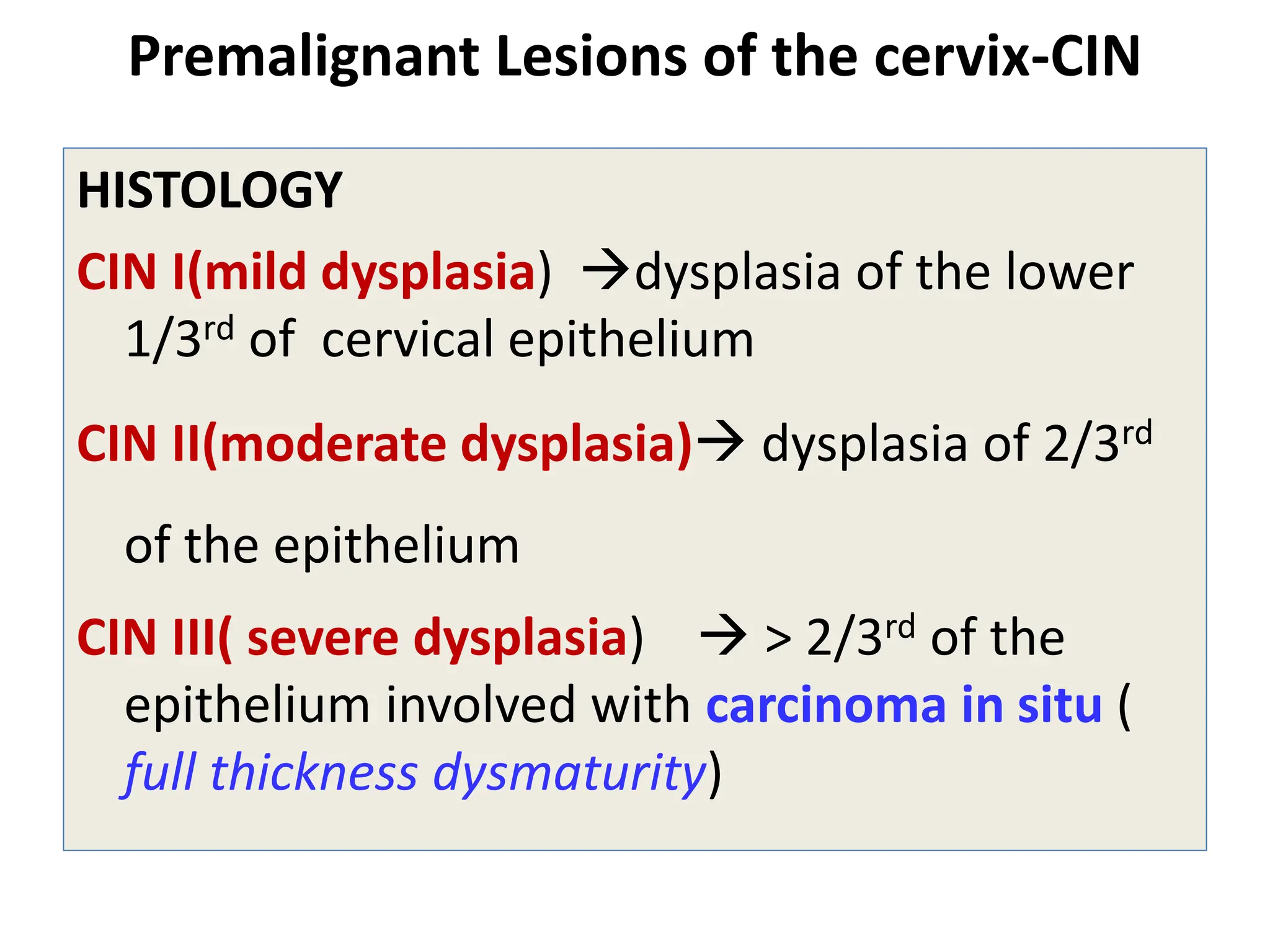 Premalignant Lesions of the cervix-CIN
HISTOLOGY
CIN I(mild dysplasia) dysplasia of the lower
1/3rd of cervical epithelium
CIN II(moderate dysplasia) dysplasia of 2/3rd
of the epithelium
CIN III( severe dysplasia)  > 2/3rd of the
epithelium involved with carcinoma in situ (
full thickness dysmaturity)
 