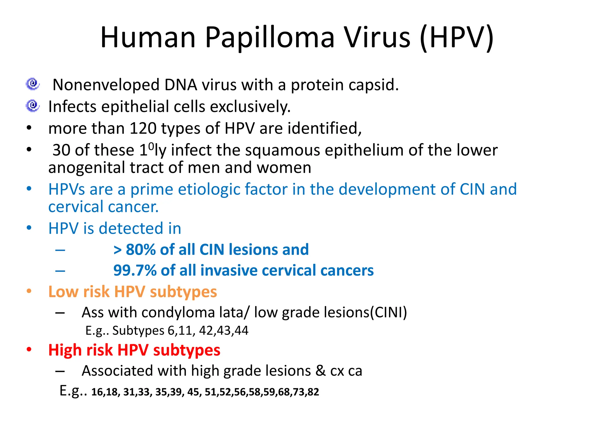 Human Papilloma Virus (HPV)
Nonenveloped DNA virus with a protein capsid.
Infects epithelial cells exclusively.
• more than 120 types of HPV are identified,
• 30 of these 10ly infect the squamous epithelium of the lower
anogenital tract of men and women
• HPVs are a prime etiologic factor in the development of CIN and
cervical cancer.
• HPV is detected in
– > 80% of all CIN lesions and
– 99.7% of all invasive cervical cancers
• Low risk HPV subtypes
– Ass with condyloma lata/ low grade lesions(CINI)
E.g.. Subtypes 6,11, 42,43,44
• High risk HPV subtypes
– Associated with high grade lesions & cx ca
E.g.. 16,18, 31,33, 35,39, 45, 51,52,56,58,59,68,73,82
 
