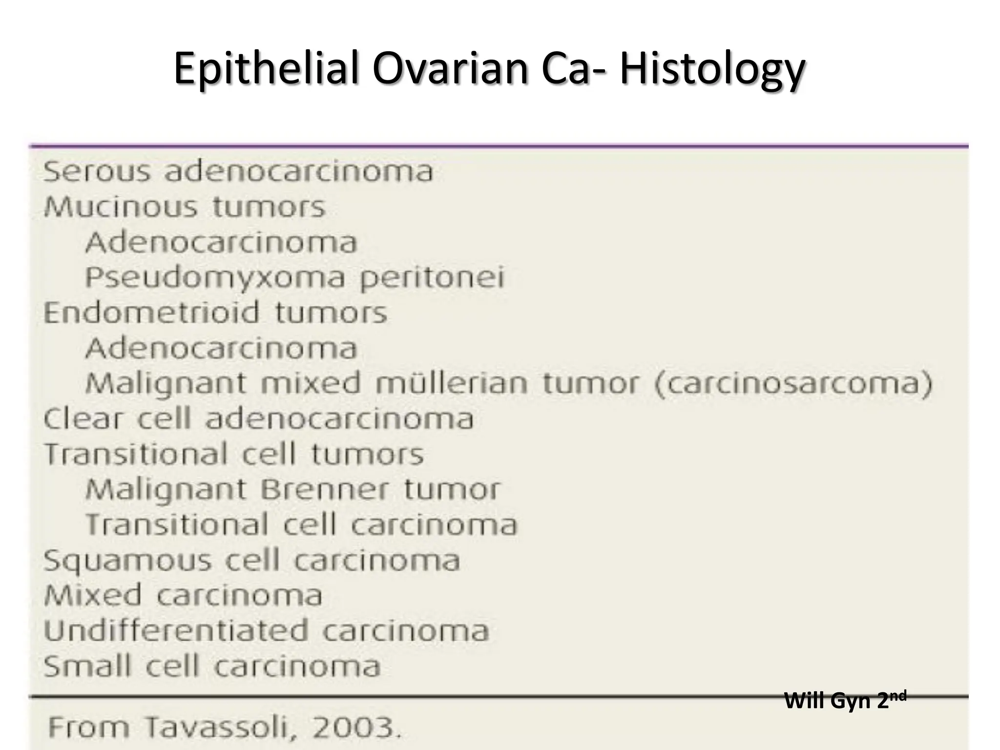 Epithelial Ovarian Ca- Histology
Will Gyn 2nd
 