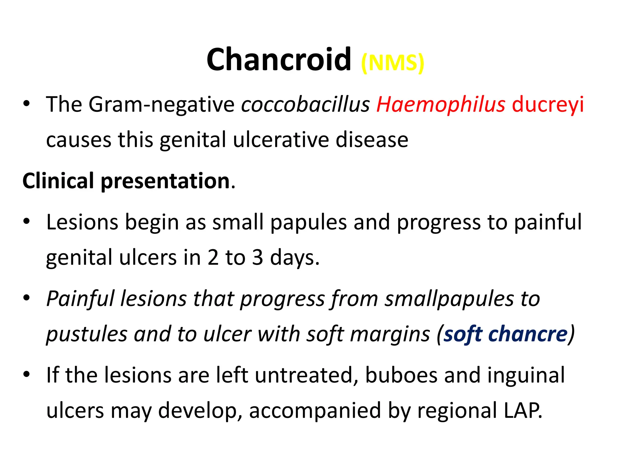 Chancroid (NMS)
• The Gram-negative coccobacillus Haemophilus ducreyi
causes this genital ulcerative disease
Clinical presentation.
• Lesions begin as small papules and progress to painful
genital ulcers in 2 to 3 days.
• Painful lesions that progress from smallpapules to
pustules and to ulcer with soft margins (soft chancre)
• If the lesions are left untreated, buboes and inguinal
ulcers may develop, accompanied by regional LAP.
 