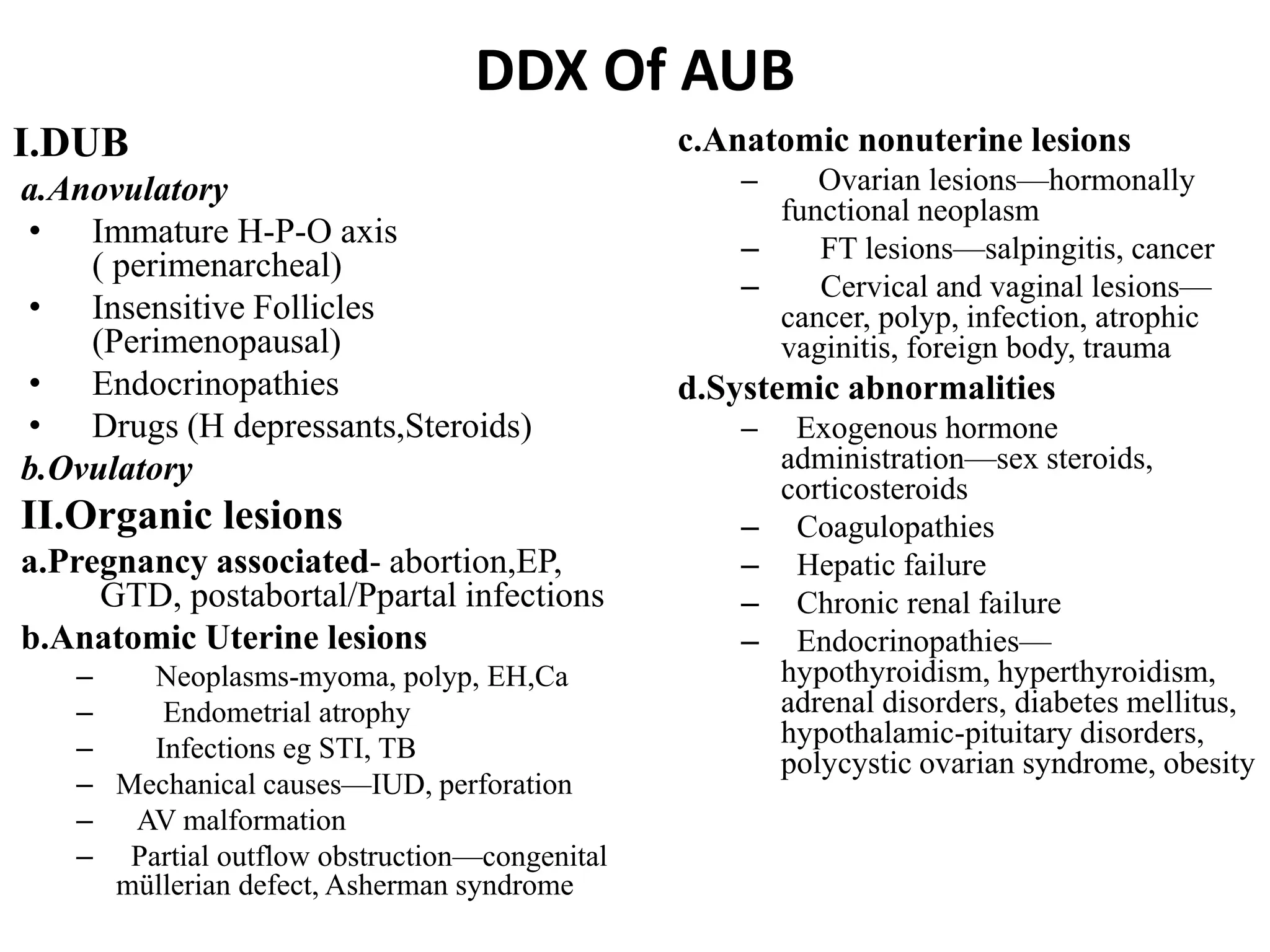 DDX Of AUB
I.DUB
a.Anovulatory
• Immature H-P-O axis
( perimenarcheal)
• Insensitive Follicles
(Perimenopausal)
• Endocrinopathies
• Drugs (H depressants,Steroids)
b.Ovulatory
II.Organic lesions
a.Pregnancy associated- abortion,EP,
GTD, postabortal/Ppartal infections
b.Anatomic Uterine lesions
– Neoplasms-myoma, polyp, EH,Ca
– Endometrial atrophy
– Infections eg STI, TB
– Mechanical causes—IUD, perforation
– AV malformation
– Partial outflow obstruction—congenital
müllerian defect, Asherman syndrome
c.Anatomic nonuterine lesions
– Ovarian lesions—hormonally
functional neoplasm
– FT lesions—salpingitis, cancer
– Cervical and vaginal lesions—
cancer, polyp, infection, atrophic
vaginitis, foreign body, trauma
d.Systemic abnormalities
– Exogenous hormone
administration—sex steroids,
corticosteroids
– Coagulopathies
– Hepatic failure
– Chronic renal failure
– Endocrinopathies—
hypothyroidism, hyperthyroidism,
adrenal disorders, diabetes mellitus,
hypothalamic-pituitary disorders,
polycystic ovarian syndrome, obesity
 