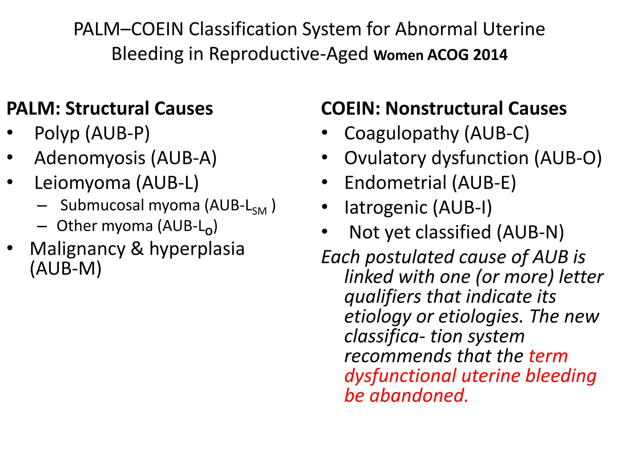 PALM–COEIN Classification System for Abnormal Uterine
Bleeding in Reproductive-Aged Women ACOG 2014
PALM: Structural Causes
• Polyp (AUB-P)
• Adenomyosis (AUB-A)
• Leiomyoma (AUB-L)
– Submucosal myoma (AUB-LSM )
– Other myoma (AUB-LO)
• Malignancy & hyperplasia
(AUB-M)
COEIN: Nonstructural Causes
• Coagulopathy (AUB-C)
• Ovulatory dysfunction (AUB-O)
• Endometrial (AUB-E)
• Iatrogenic (AUB-I)
• Not yet classified (AUB-N)
Each postulated cause of AUB is
linked with one (or more) letter
qualifiers that indicate its
etiology or etiologies. The new
classifica- tion system
recommends that the term
dysfunctional uterine bleeding
be abandoned.
 