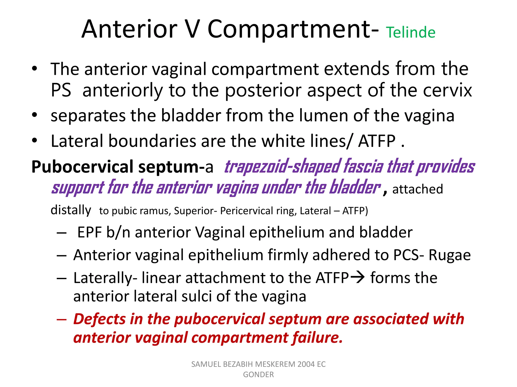 Anterior V Compartment- Telinde
• The anterior vaginal compartment extends from the
PS anteriorly to the posterior aspect of the cervix
• separates the bladder from the lumen of the vagina
• Lateral boundaries are the white lines/ ATFP .
Pubocervical septum-a trapezoid-shaped fascia that provides
support for the anterior vagina under the bladder , attached
distally to pubic ramus, Superior- Pericervical ring, Lateral – ATFP)
– EPF b/n anterior Vaginal epithelium and bladder
– Anterior vaginal epithelium firmly adhered to PCS- Rugae
– Laterally- linear attachment to the ATFP forms the
anterior lateral sulci of the vagina
– Defects in the pubocervical septum are associated with
anterior vaginal compartment failure.
SAMUEL BEZABIH MESKEREM 2004 EC
GONDER
 
