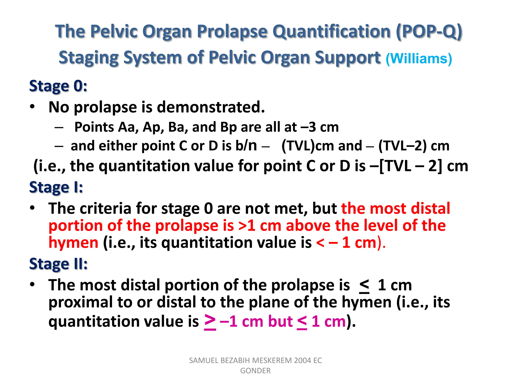 The Pelvic Organ Prolapse Quantification (POP-Q)
Staging System of Pelvic Organ Support (Williams)
Stage 0:
• No prolapse is demonstrated.
– Points Aa, Ap, Ba, and Bp are all at –3 cm
– and either point C or D is b/n – (TVL)cm and – (TVL–2) cm
(i.e., the quantitation value for point C or D is –[TVL – 2] cm
Stage I:
• The criteria for stage 0 are not met, but the most distal
portion of the prolapse is >1 cm above the level of the
hymen (i.e., its quantitation value is < – 1 cm).
Stage II:
• The most distal portion of the prolapse is < 1 cm
proximal to or distal to the plane of the hymen (i.e., its
quantitation value is > –1 cm but < 1 cm).
SAMUEL BEZABIH MESKEREM 2004 EC
GONDER
 