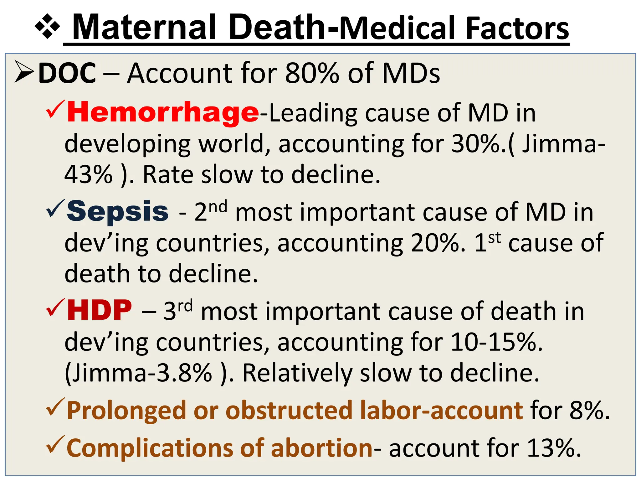 Maternal Death-Medical Factors
DOC – Account for 80% of MDs
Hemorrhage-Leading cause of MD in
developing world, accounting for 30%.( Jimma-
43% ). Rate slow to decline.
Sepsis - 2nd most important cause of MD in
dev’ing countries, accounting 20%. 1st cause of
death to decline.
HDP – 3rd most important cause of death in
dev’ing countries, accounting for 10-15%.
(Jimma-3.8% ). Relatively slow to decline.
Prolonged or obstructed labor-account for 8%.
Complications of abortion- account for 13%.
 